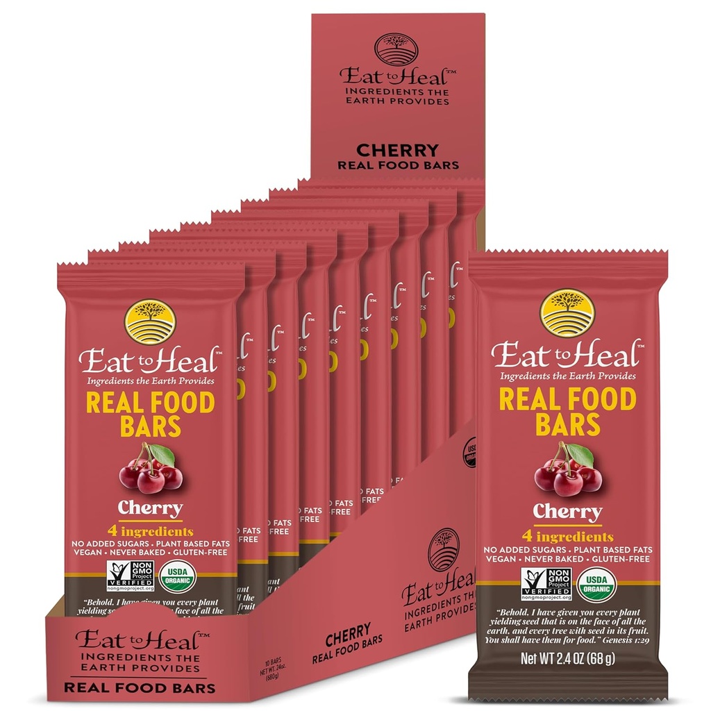EatToHealチェリーリアルフードバー - オーガニックビーガンヘルシーグルテンフリープロテインバー - 低砂糖ミールの交換バー、非GMO、決して焼く、植物ベースの - 楽しむために作られた - シェルフに座っていない