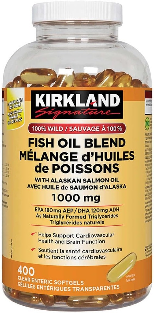 コストコ企業Inc. Kirkland Signature 100% ワイルドフィッシュオイルブレンド with Alaskan Salmon Oil, 1000mg, 400 Softgels