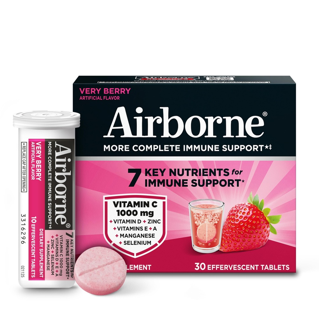 ビタミンD +亜鉛砂糖が付いているAirborne 1000mgのビタミンCはMultivitaminの免疫学サポートEffervescentの味の飲み物のタブレット、強力な酸化防止剤VIT A C及びEの30のタブレットを放します