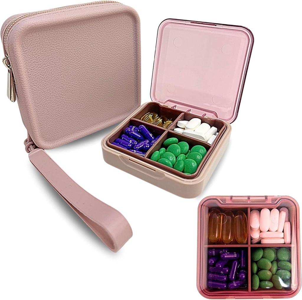 Pink- Small Pill Case with Silicone Pill Pouch, 4 Compartment Pill Organizer, Zipper Pill case, Small Pill Box for Purse, Sturdy Hinge, Multi Purpose, for Vitamins & Supplements, BPA Free