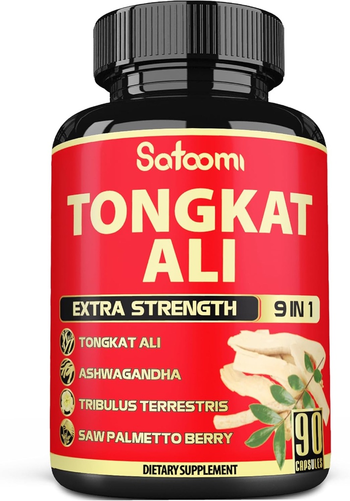 Satoomi 9in1 Tongkat Ali Root Extract - Ashwagandha, Tribulus Terrestris - 90 Capsules for 3 Months - Support Strength, Energy & Healthy Immune