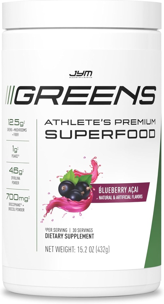 JYMは性能、ブルーベリーアサイ、Spirulina、きのこの、ビタミン、BroccoPhane及びBroccoli、人及び女性、30のサービングのための極度の食糧粉を緑化します
