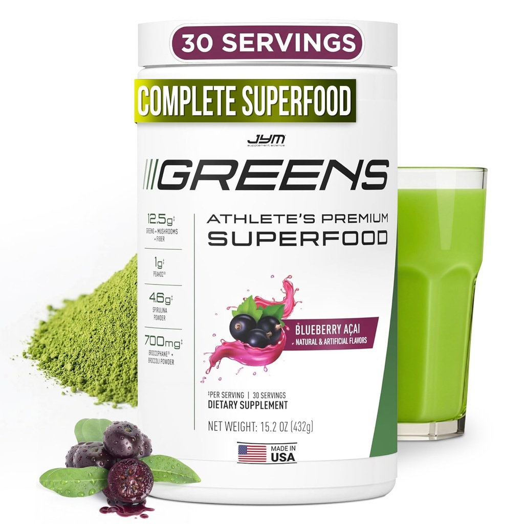 JYMは性能、ブルーベリーアサイ、Spirulina、きのこの、ビタミン、BroccoPhane及びBroccoli、人及び女性、30のサービングのための極度の食糧粉を緑化します