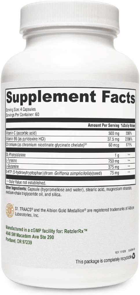 Crave Control by RetzlerRx - Support to Help Curb Appetite and Combat Cravings - Chromium, DL-Phenylalanine, L-Glutamine, Vitamin B6 + 5-HTP for Mood & Appetite Support (240 Capsules)