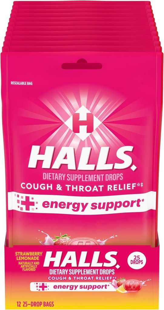 HALLSの救助+エネルギー サポート、いちごLemonadeの咳の低下、25の低下の12袋(300の合計の低下)