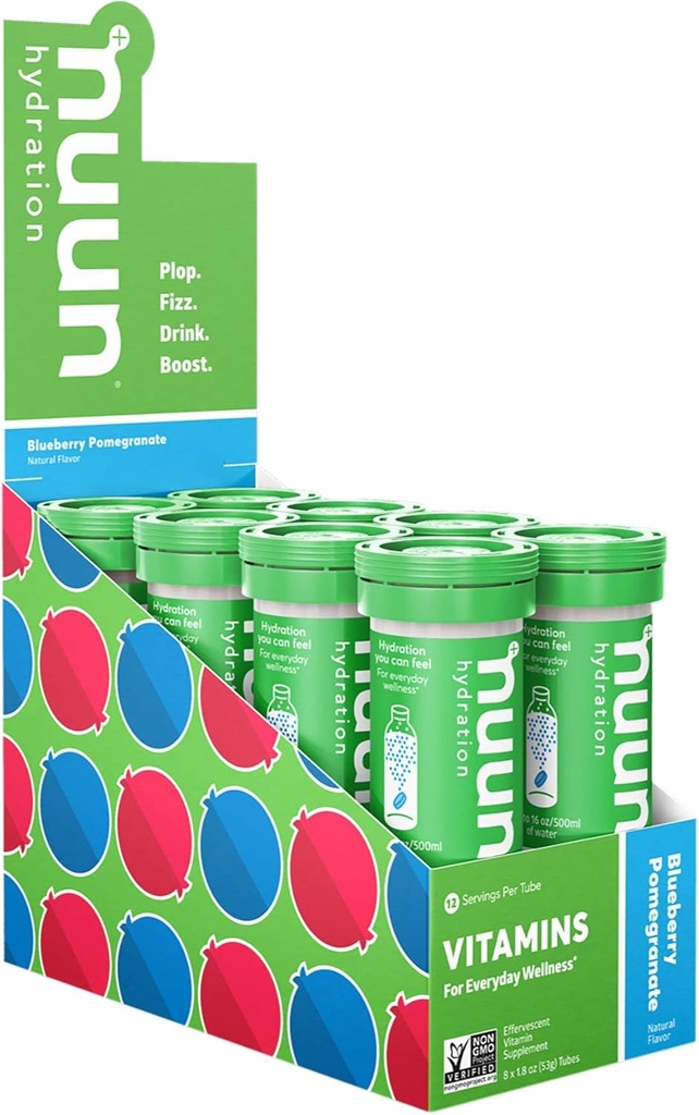 Nuun Vitamins Electrolyte Tablets with Vitamin D, C, E, A, & B6, Folic Acid, Magnesium & 4 Other Essential Electrolytes, Gluten Free & Vegan, Blueberry Pomegranate, 8 Pack (96 Servings Total)