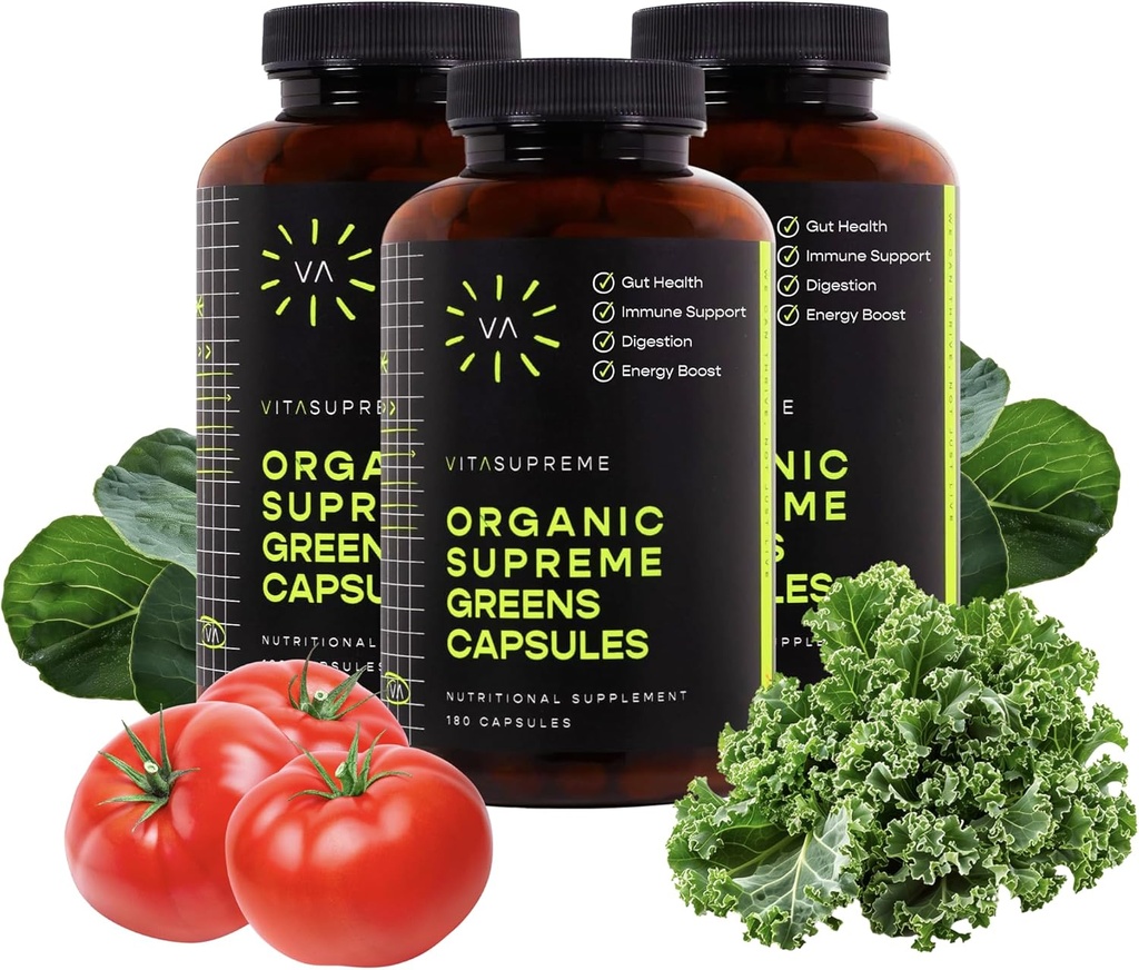 Vita最高有機スーパーグリーンスーパーフードカプセル, 腸の健康のための栄養補助食品, 免疫サポート, 消化, エネルギー, 以上 (非GMO, Keto, ビーガン) 180 カプセル, 3 パック