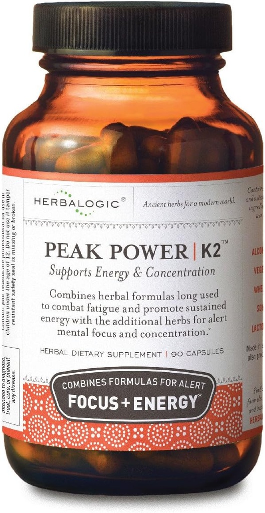 Herbalogic - Peak Power Capsules - Natural Energy & Focus - Mental Concentration- Contains American Ginseng & Astragalus - 90 Cap Count