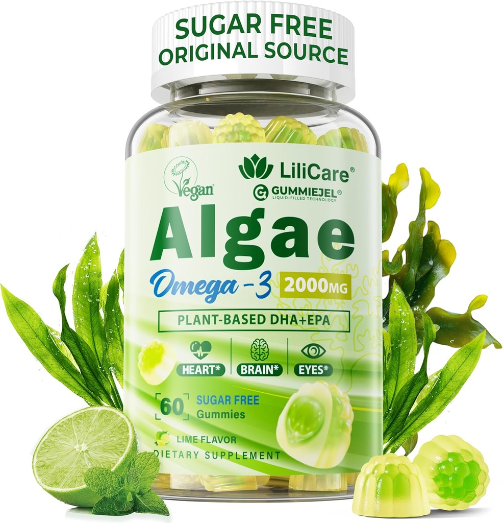 Omega 3 ガミー 2200mg から 藻油 (DHA 640mg & EPA 290mg) 女性 & 男性, ビーガンオメガ 3 魚油代替, w/CoQ10, アスタキサンチン, ビタミン A, E, 脳のためのD3, 目, 酸化防止剤, 砂糖無料, 1パック