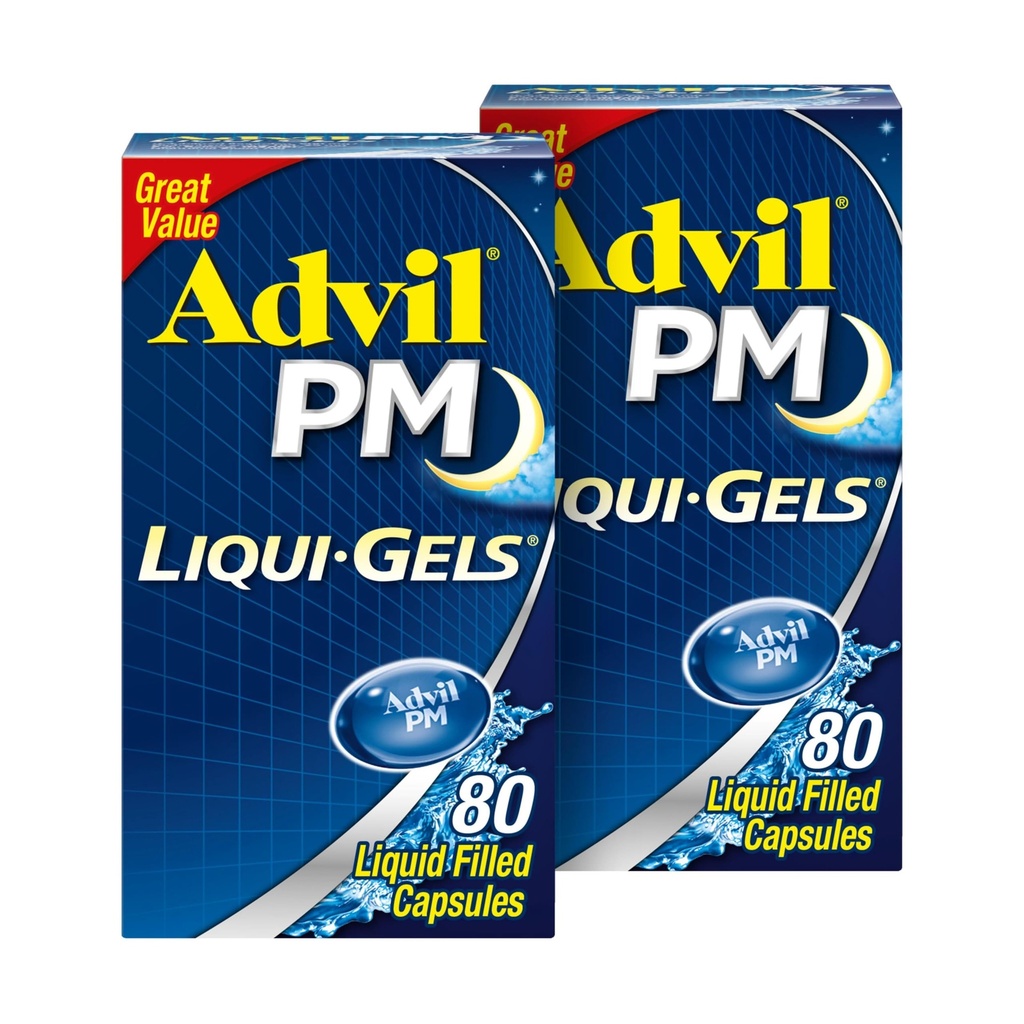 Advil PM Liqui-Gelsの痛みのRelieverおよび夜間睡眠の援助、痛みの軽減のためのIbuprofenの痛みの薬および睡眠の援助のためのDiphenhydramine HCL - 2x80の液体によって満たされたカプセル