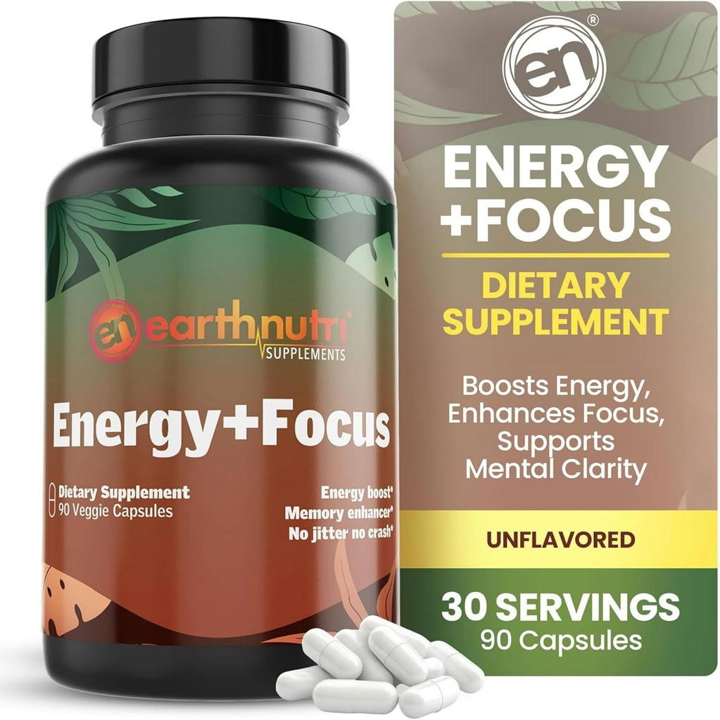 EarthNutriエネルギー+フォーカスサプリメント - PeakO2、AlphaSize、Cognizin、Purcaf、Theacrine、Acetyl L-Carnitine、L-Tyrosine - サービングあたりの3カプセル
