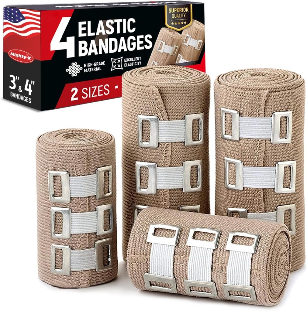 プレミアム弾性包帯ラップ - 4pk (2x3in、2x4in) + 12 Extra Clips - 腕時計、足首、足と膝のための強力な圧縮包帯ラップ