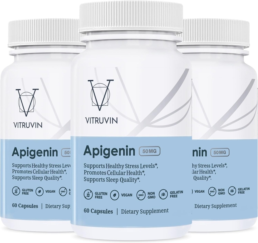 Vitruvin Apigenin 50mg、Bioflavonoidサプリメント、3ボトルパック、ビーガン、非GMO、グルテンフリー、ゼラチンフリー。
