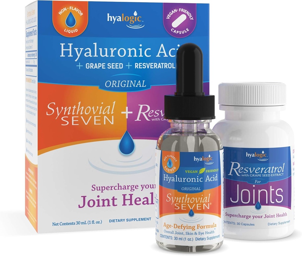 Hyalogicシントバイアル7ヒアルロン酸液&レスベラトロールカプセル - HAジョイントサポート - ビーガン - 1オンス