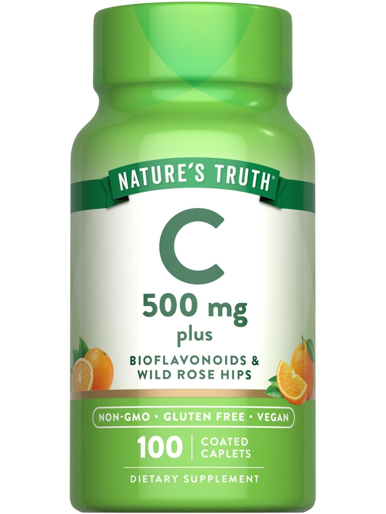 ローズヒップとバイオフラボノイドの自然の真理ビタミンC | 500mg | 100カプレット | ビーガン、非GMO&グルテンフリー