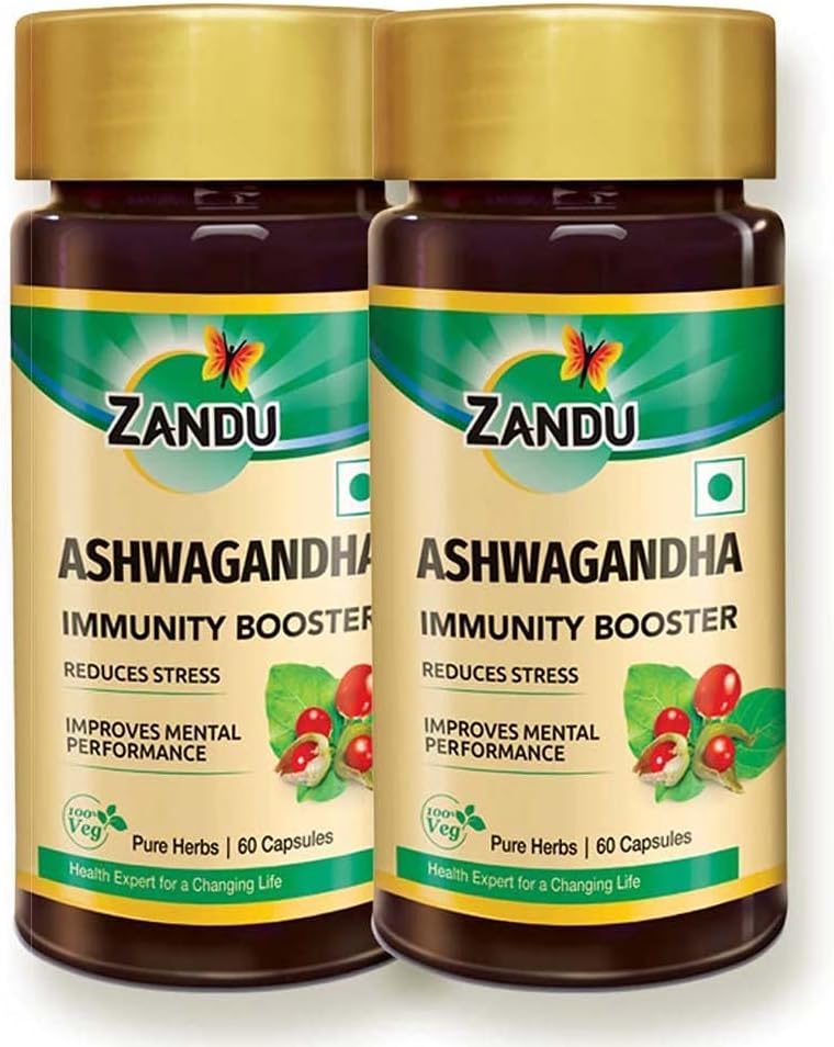 Zandu Ashwagandha Capsules (120 veg caps), Formulated with Pure Extracts of Ashwagandha, Immunity Booster, For Natural Body Strength, Stress Buster (Pack of 60 x 2)