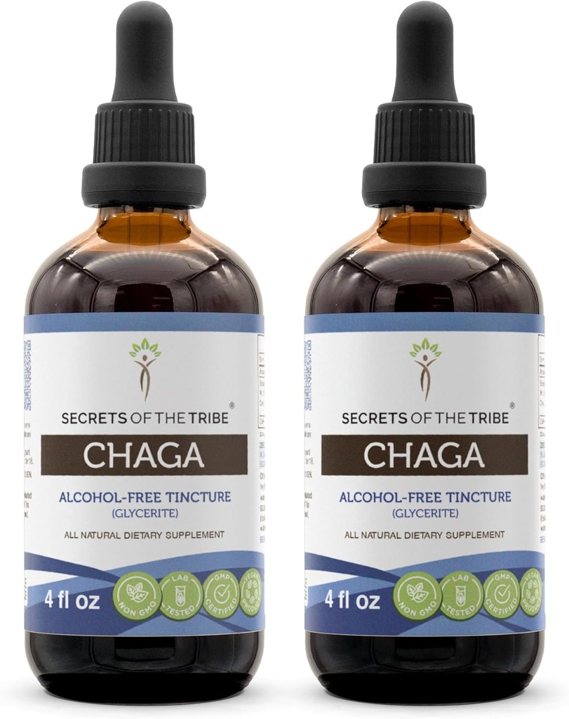 Secrets of the Tribe Chaga Tincture Alcohol-Free Extract, Wildcrafted Chaga (Inonotus obliquus) Dried Whole Mushroom (2x4 FL OZ)