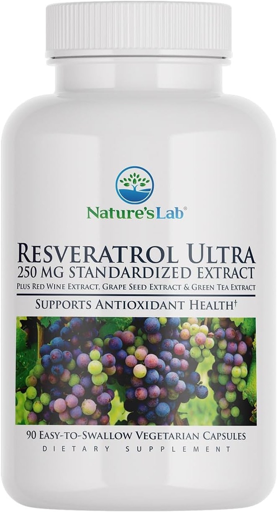 Nature's Lab Resveratrol Ultra - 抗酸化サプリメント* - 250mg Trans-Resveratrol、レッドワインエキス、グリーンティーエキス - 非GMO、グルテンフリー、ビーガン - 90カウント(3ヶ月の供給)