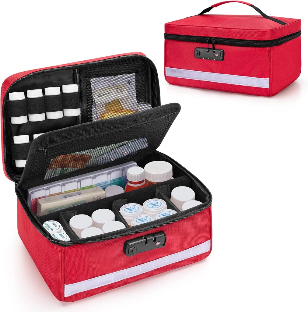 内部のディバイダー、薬の貯蔵およびオルガナイザーが付いている丸薬のびんのオルガナイザーを締めるDamieroは薬、ビタミンおよび医学の供給、赤いのためのロックを袋に入れます