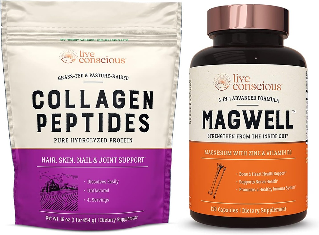 Live Conscious Collagen Peptides & MagWell Magnesium Zinc & Vitamin D3 | Hair, Skin, Nail, and Joint Support + Bone & Heart Health, Immune System Support