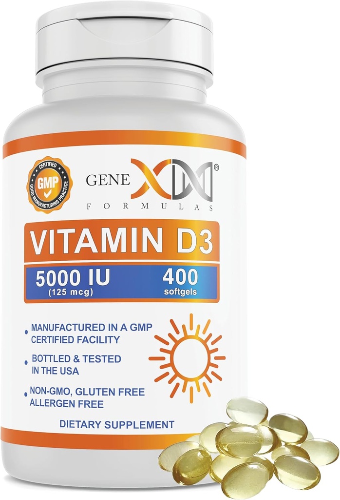 Genex Formulas Vitamin D3 5000IU (400 Softgels) Natural Support for Bone Health & Nerve Function - Non-GMO, Gluten Free, Allergen-Free
