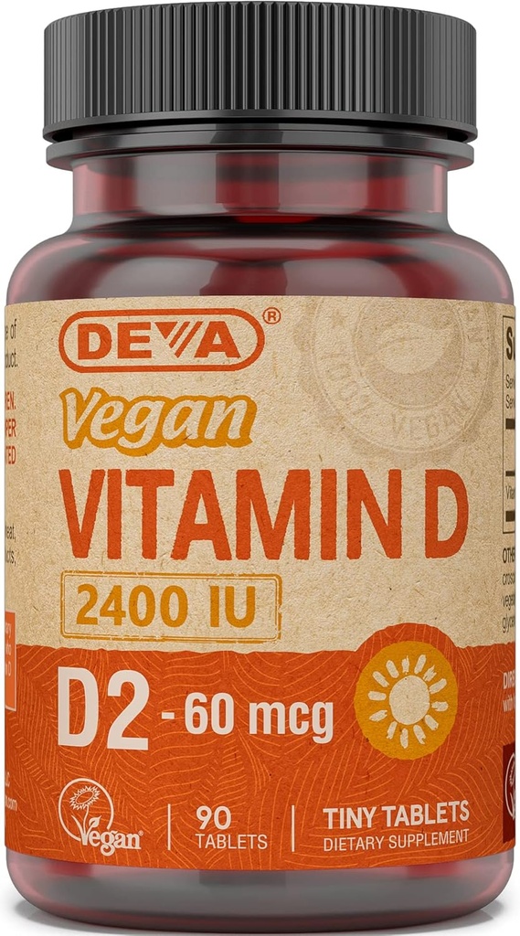 DevaビーガンビタミンD2 60 mcg 2400 IU、Ergocalciferolサプリメント無し 動物成分、90錠、1パック