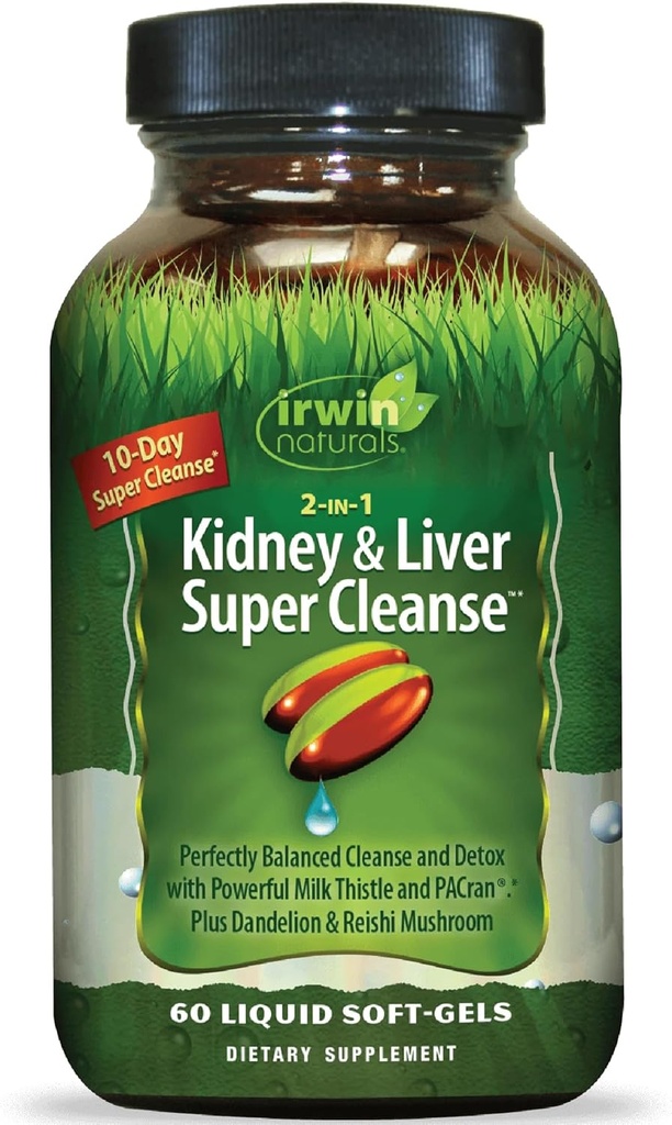 Irwin Naturals 2-in-1 Kidney & Liver Super Cleanse - 60 Liquid Softgels - High-Powered, Whole-Body Support Formula with Fish Oil, Zinc, Magnesium, and Potassium