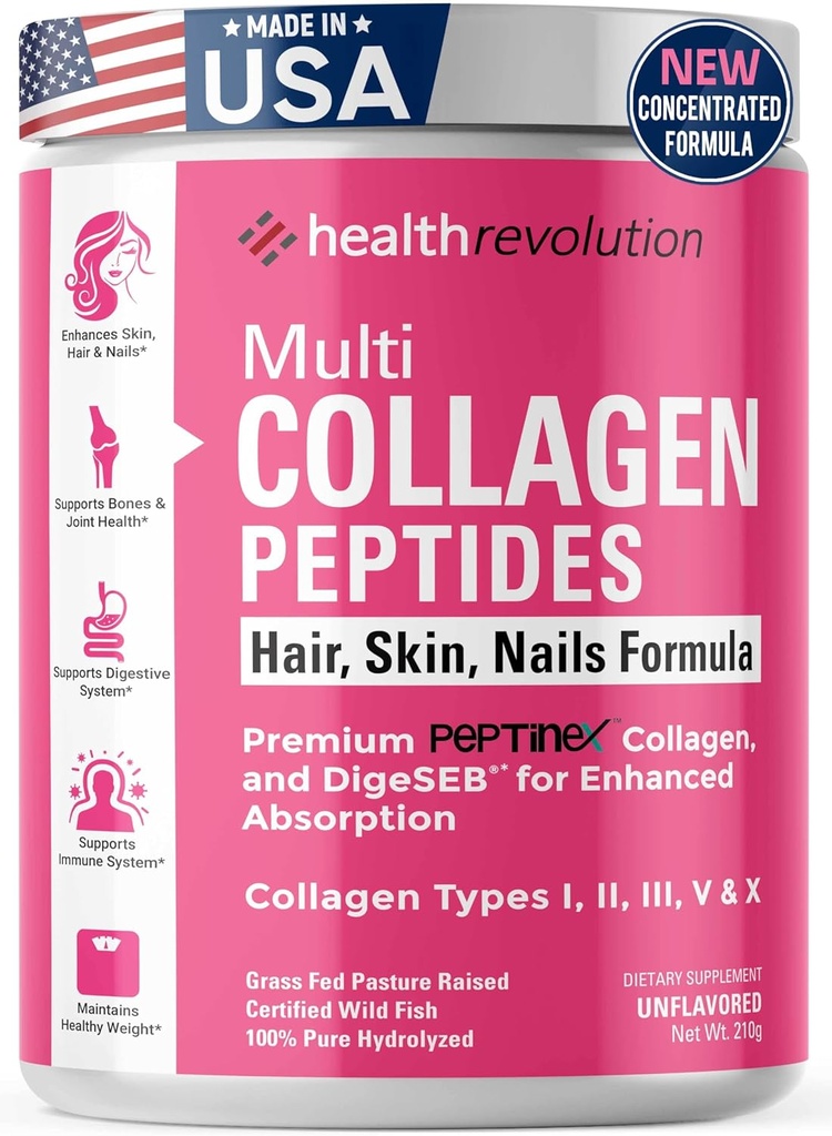 Multi Collagen Protein Powder, Type I, II, III, V, X - 5 Hydrolyzed Collagen Peptides, Skin, Hair, Nails & Joints, Triple Refined for Easy Mixing, 99% Absorption Rate, Non-GMO, Gluten-Free, Unflavored