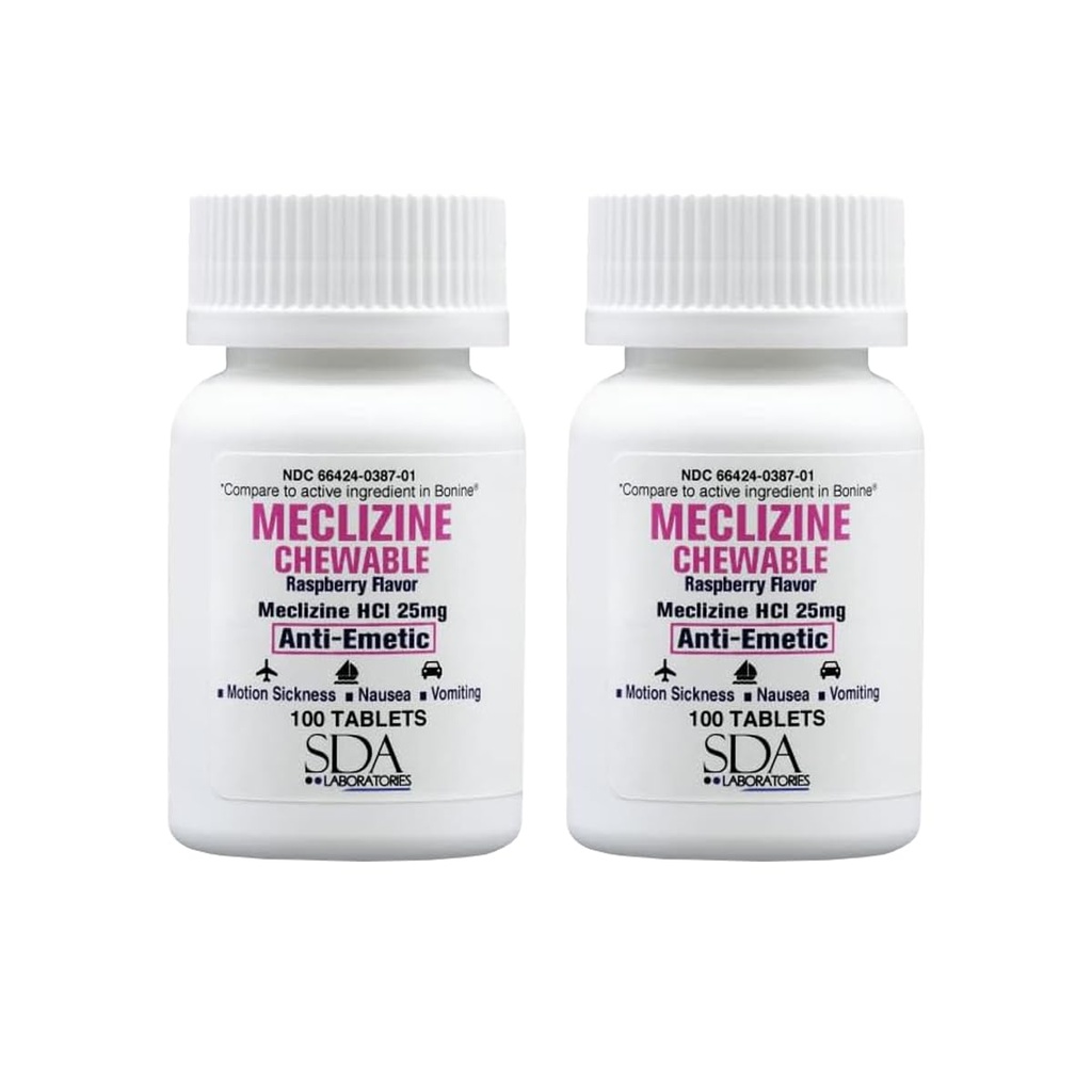 SDAの実験室のMeclizine 25mgのChewableタブレット、反エメチック、ラズベリーの味、Nausea、Dizziness、嘔吐、携帯用旅行援助のための動きの病気及びVertigoの救助(2本のびん100の計算)