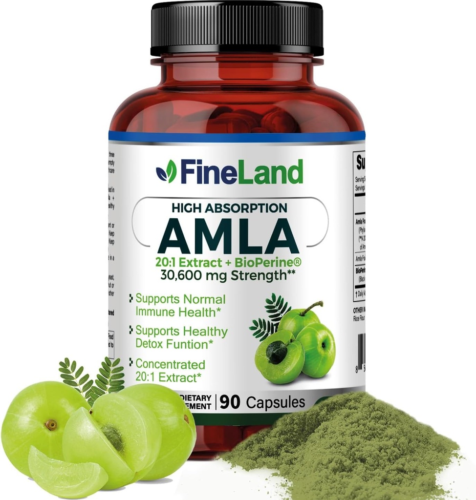 FineLand Amla(インドのGooseberry)20Xフルスペクトラムエキス - 吸収のためのBioPerine®、豊富な天然ビタミンC、免疫&消化サポート - 90ビーガンカプセル