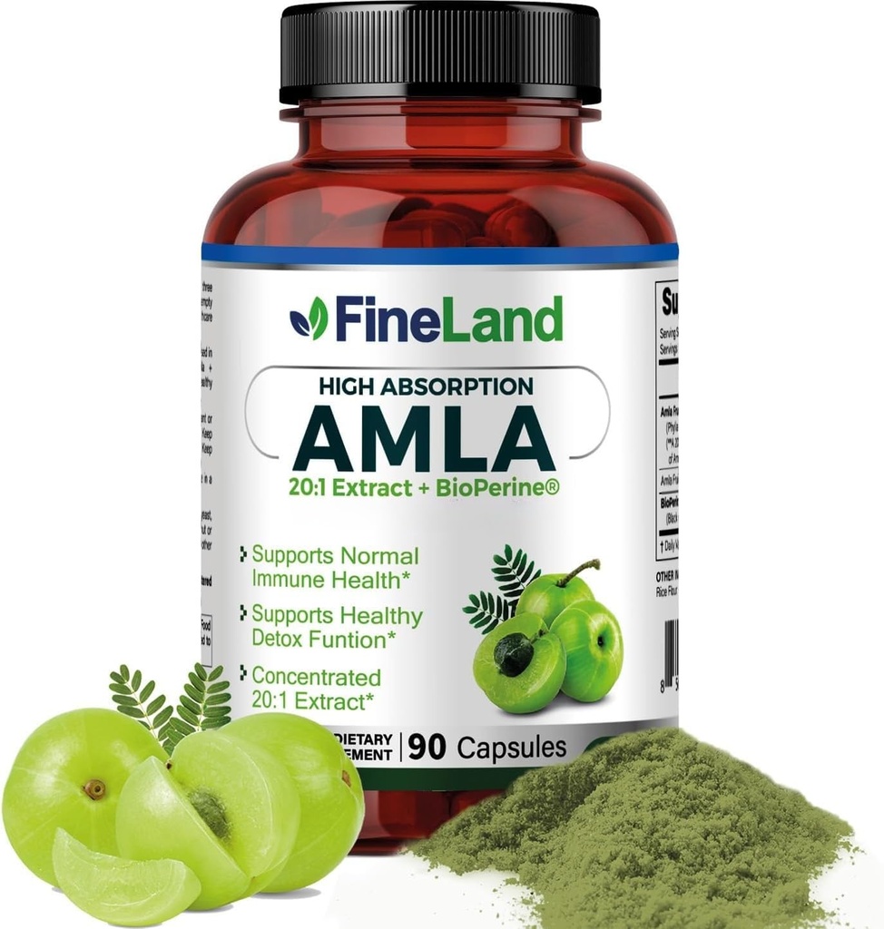 FineLand Amla(インドのGooseberry)20Xフルスペクトラムエキス - 吸収のためのBioPerine®、豊富な天然ビタミンC、免疫&消化サポート - 90ビーガンカプセル