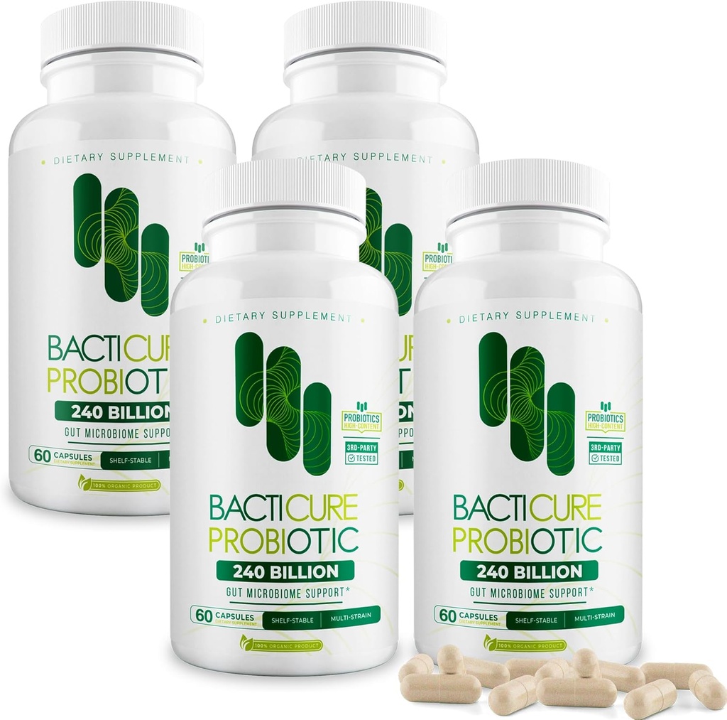 Bacticure Probiotic 240 カプセル | プロバイオティクス サプリメント w/高 CFU フォーミュラ 男性と女性 | 消化と腸の健康、腟の健康、コロンクレンズ、免疫サポートのためのプレバイオティクス&消化酵素