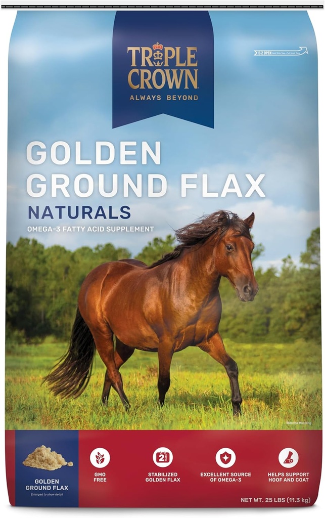 Triple Crown Golden Ground Flax, Flax for Horses, Flaxseed for Horses, Omega 3 Equine Supplement, 25 lbs