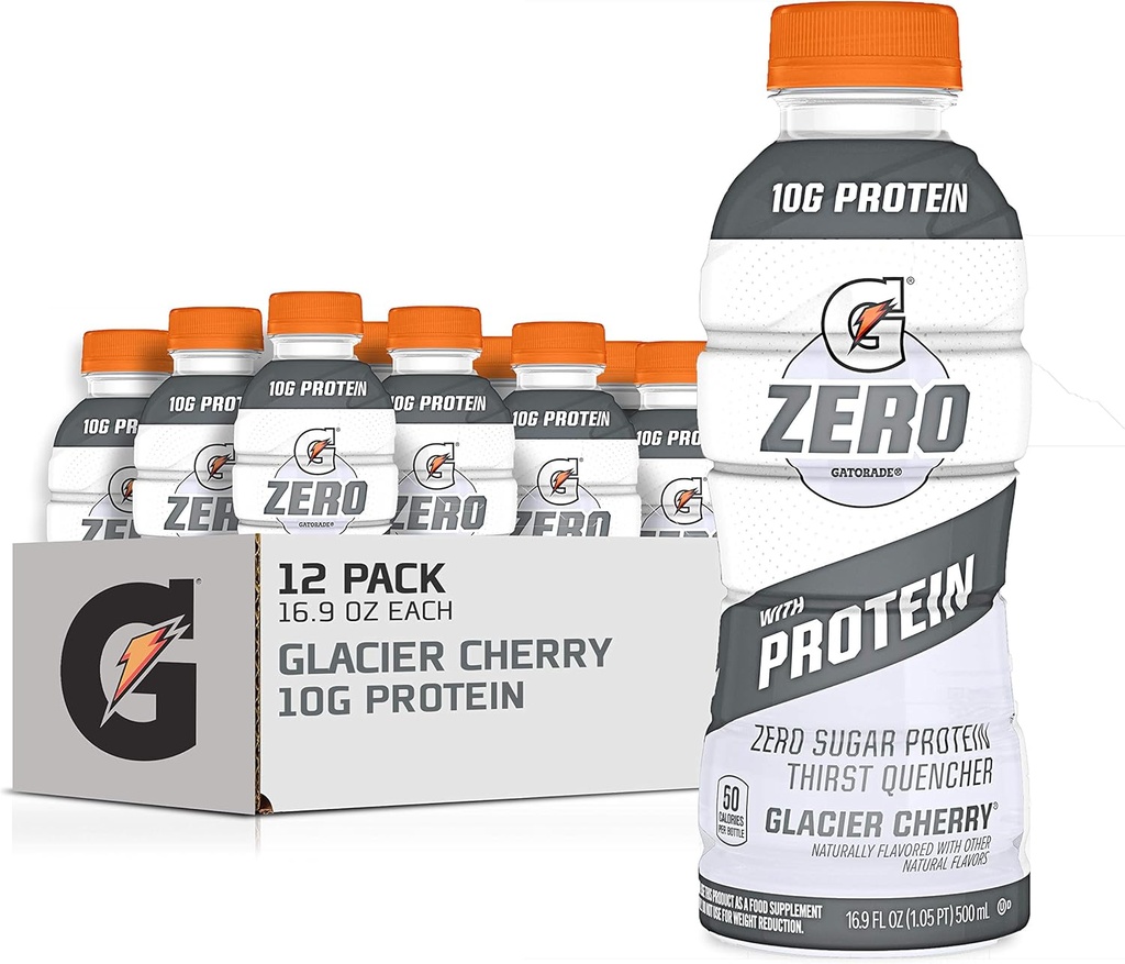 たんぱく質とGatorade Zero、10gの乳白色蛋白質の分離、ゼロ砂糖、液体の電解物、氷河チェリー、16.9 Fl Ozのびん、12のパック