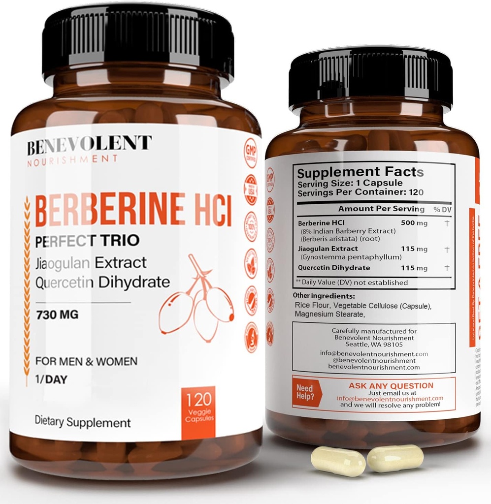 プレミアムベルベリンHCL 730mg - 120 VCAPSノンGMO Jiaogulan&Quercetinの完璧なトリオコンプレックス