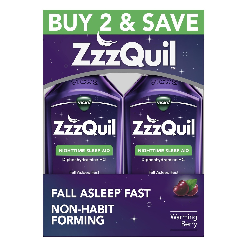 ZzzQuil、睡眠の援助、夜間睡眠の援助の液体、50のmg Diphenhydramine HClの落下眠りの速い、非習慣の形成、温まる果実味、12のFLのOZ (パッケージ2)