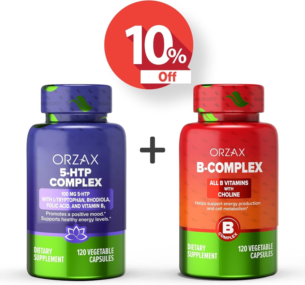 ORZAX 5 HTP Complex 100 Mg 120 Vegatable Capsules and Vitamin B Complex, B Vitamins with Choline & Inositol 120 Capsules, Bundle