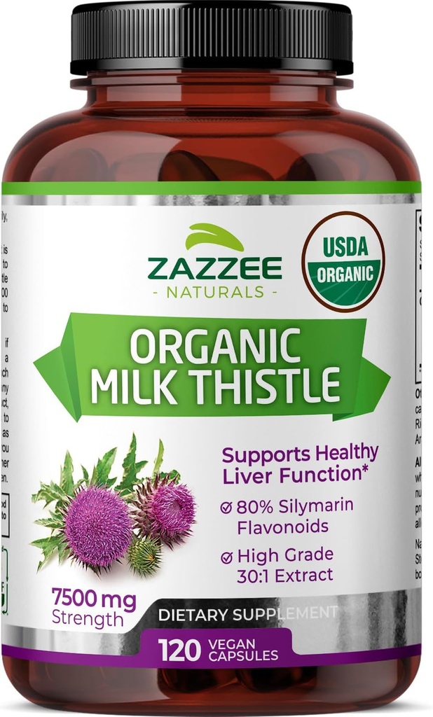 Zazzee USDA Organic Milk Thistle 30:1 Extract, 7500 mg Strength, 120 Vegan Capsules, 80% Silymarin Flavonoids, Standardized and Concentrated 30X Extract, 100% Vegetarian, All-Natural and Non-GMO