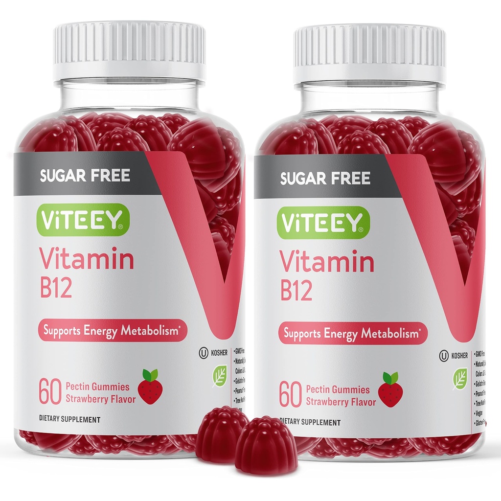 ViteeyビタミンB12大人&ティーン1000mcg、砂糖無料 - エネルギー、代謝、自然エネルギーサポートのために良い - ビーガン、ゼラチン無料、グルテンフリー、GMO無料 - Chewableイチゴ風味