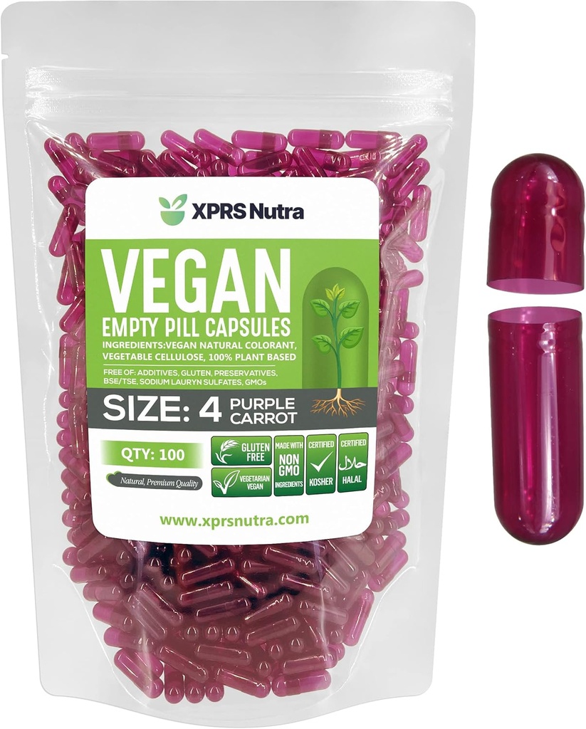 XPRS Nutraのサイズ4の空のカプセル - 100のカウントの小さい空のビーガンカプセル - ベジタリアンの丸薬 - DIYの野菜カプセルの充填 - サプリメントのための充填可能なDo-It-あなた自身の野菜キャップ(紫のニンジン)