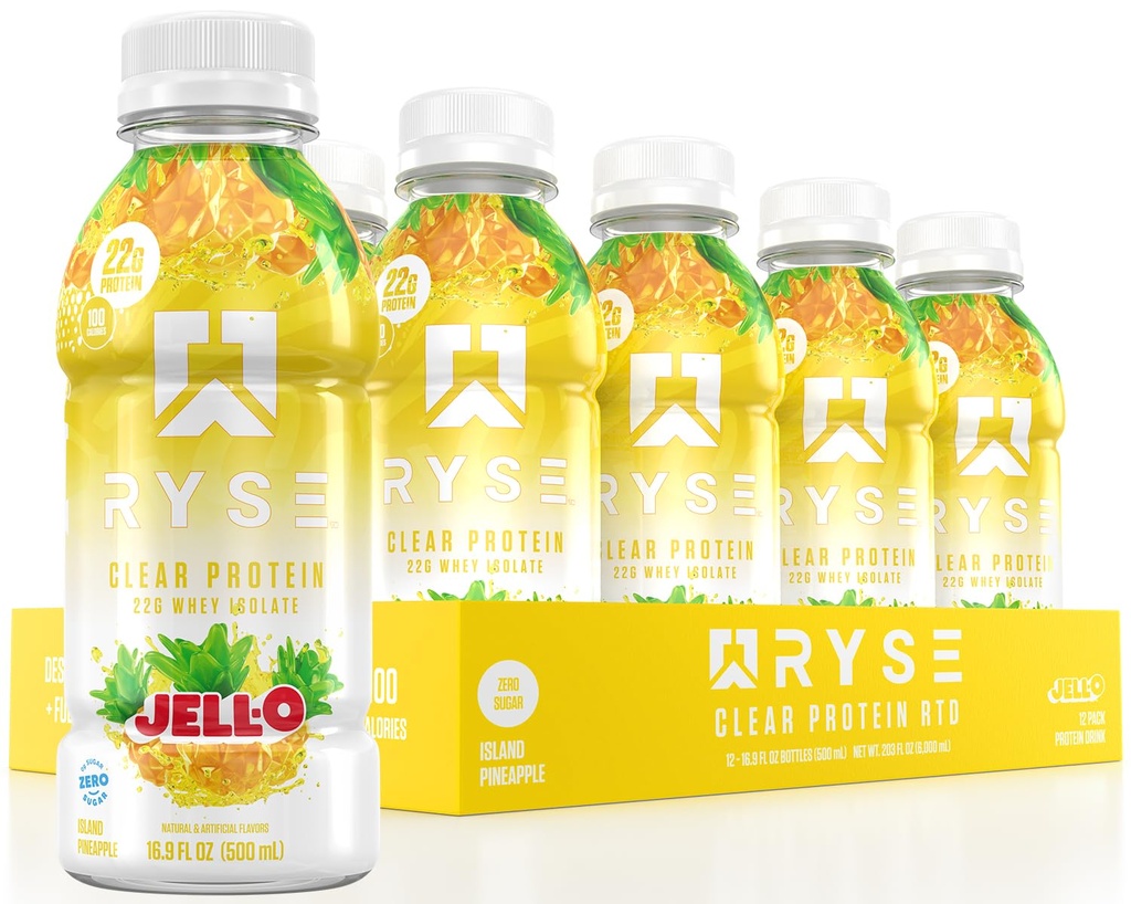 RYSE Clear Protein Drink - Jell-O Island Pineapple - 100 Calories, 22g Whey Isolate Protein Shake, Sugar-Free, 0g Fat & Lactose-Free - Refreshing Ready-to-Drink Beverage - 16.9 fl oz Bottles (12-Pack)