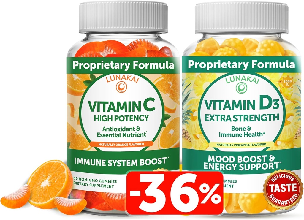 LunakaiビタミンCとビタミンD3グミーバンドル - 300mgオーガニック、非GMO、ビーガンChewable Gummy - 免疫、骨と気分のサポートサプリメント大人