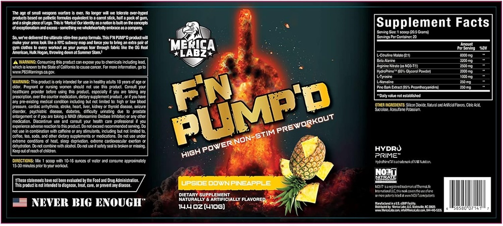 'Merica Labz F'N Pump'D Stimulant Free, Nitric Oxide,Fully Dosed, Pump PreWorkout Powder (20 件) (Upside Down Pineapple)
