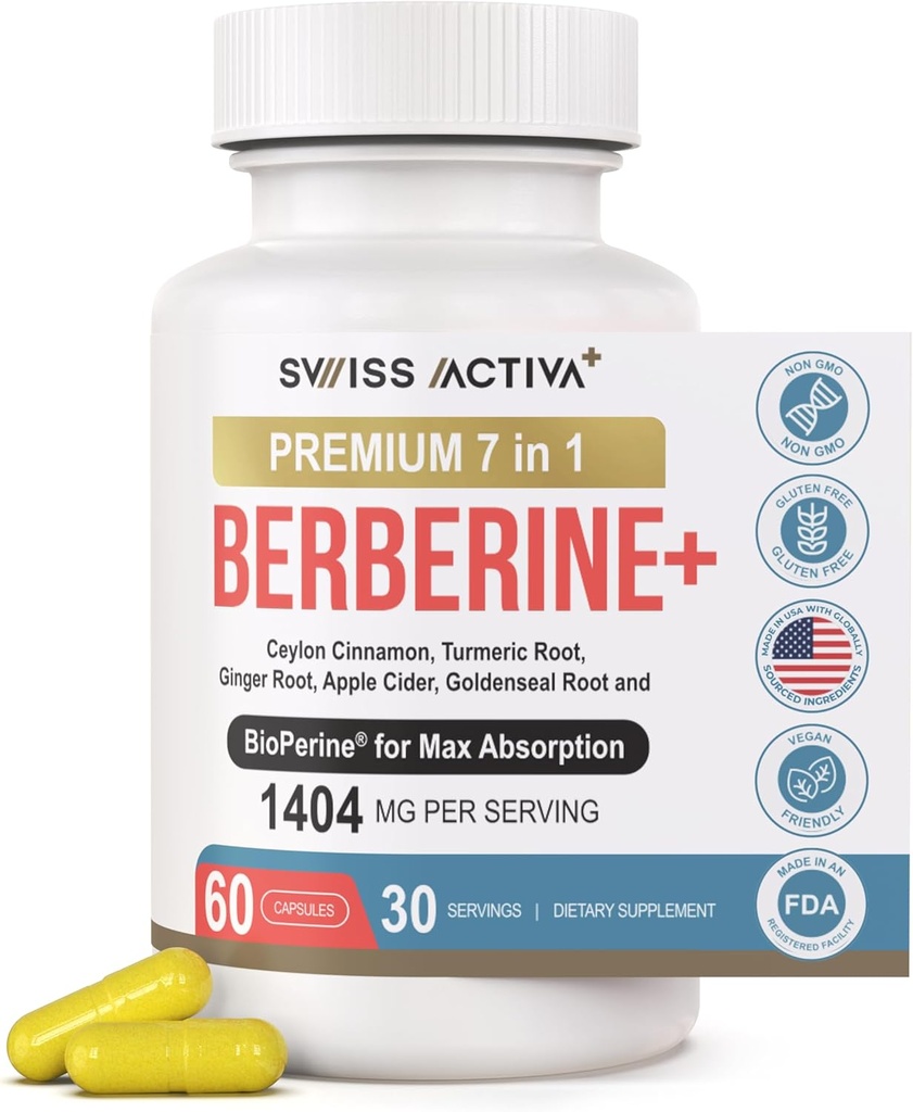 Swiss Activa+ Labs Organic 7-in-1 Berberine Supplement | 600mg HCl + Ceylon Cinnamon, Turmeric, Ginger, ACV, Goldenseal, BioPerine | Metabolic, Heart & Digestive Support | Vegan, Non-GMO 30 Day Supply