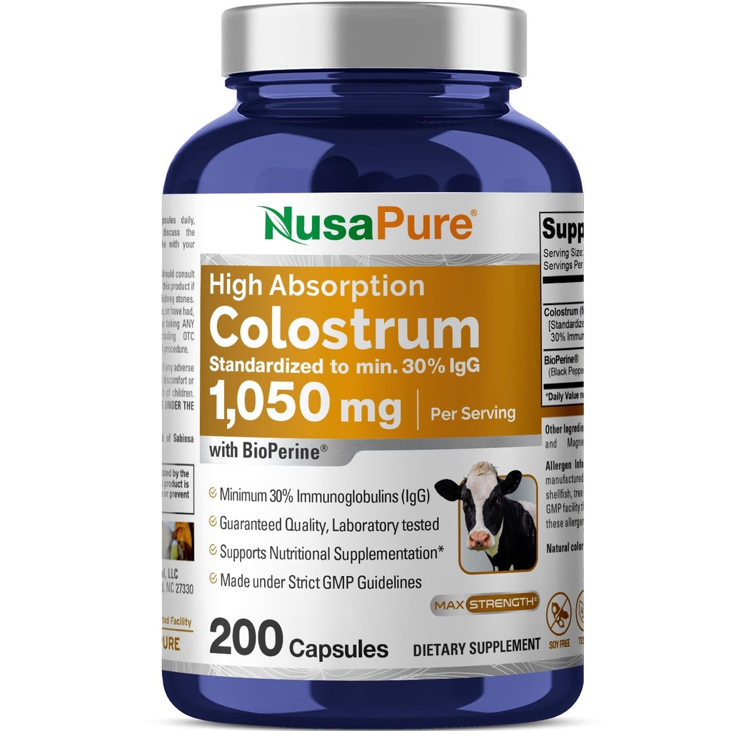 NusaPureのColostrum 1050mg 30% IgG 200のカプセル(非GMO、無溶剤)のBioperine
