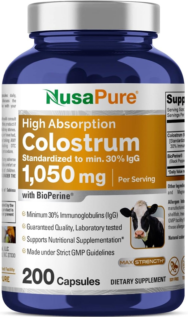 NusaPureのColostrum 1050mg 30% IgG 200のカプセル(非GMO、無溶剤)のBioperine