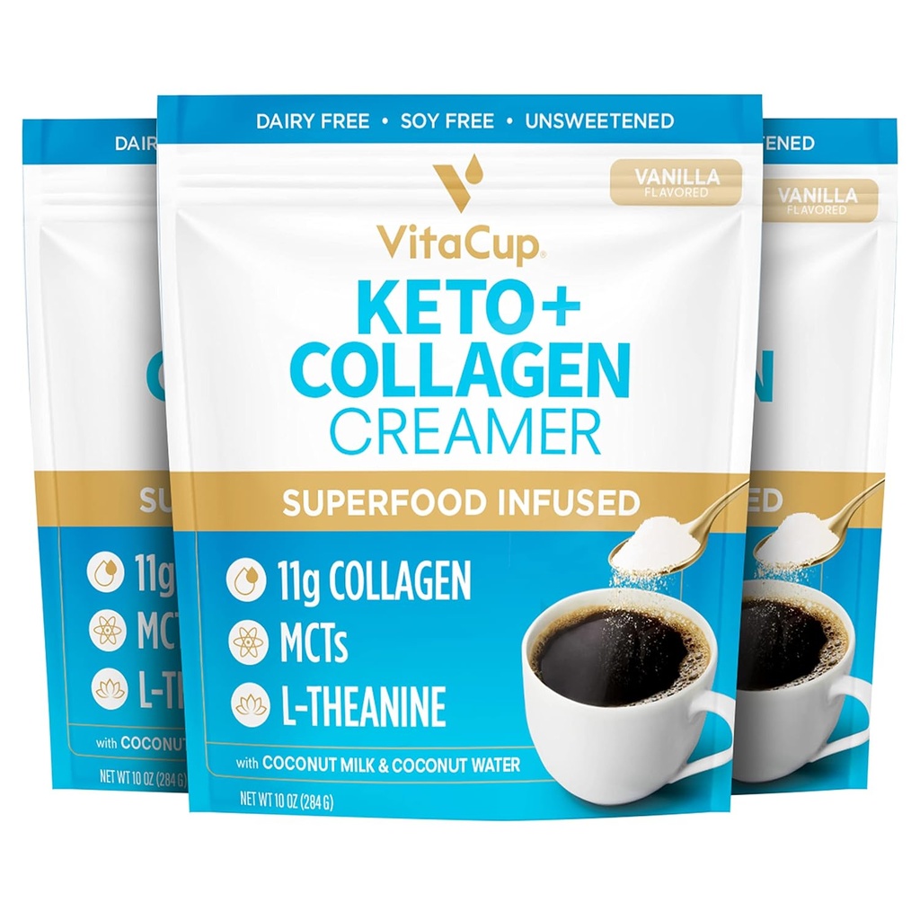 VitaCup Keto + コラージュコーヒークリームバニラフレーバーw / MCT、コラージュ蛋白質、ココナッツウォーター、Ketoダイエット、コーヒー、スムージー、シェイクス、乳液フリー、グルテンフリー、3袋、各10oz