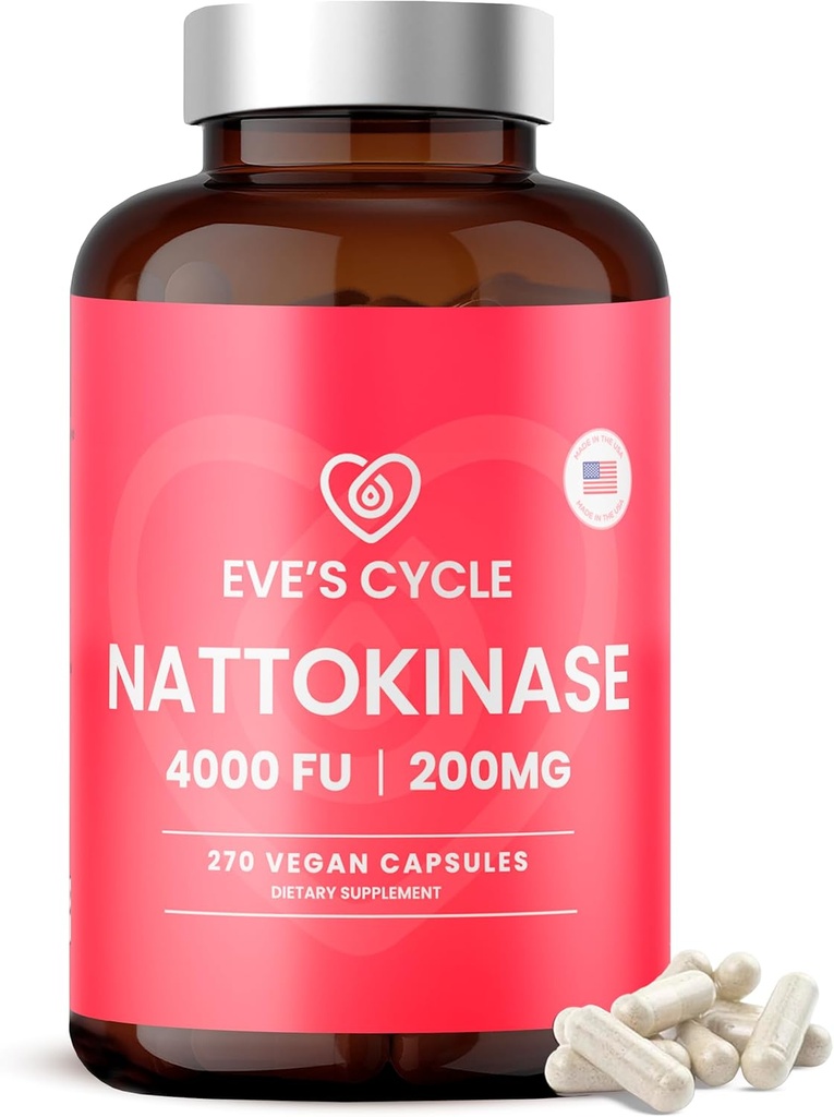 Eve's Cycle Nattokinase Supplement 4000 FU - 270 Vegan Natto Capsules - Premium Japanese Enzyme, Natural Blood Thinner, Organic, No Stearates, Non-GMO, Made in USA