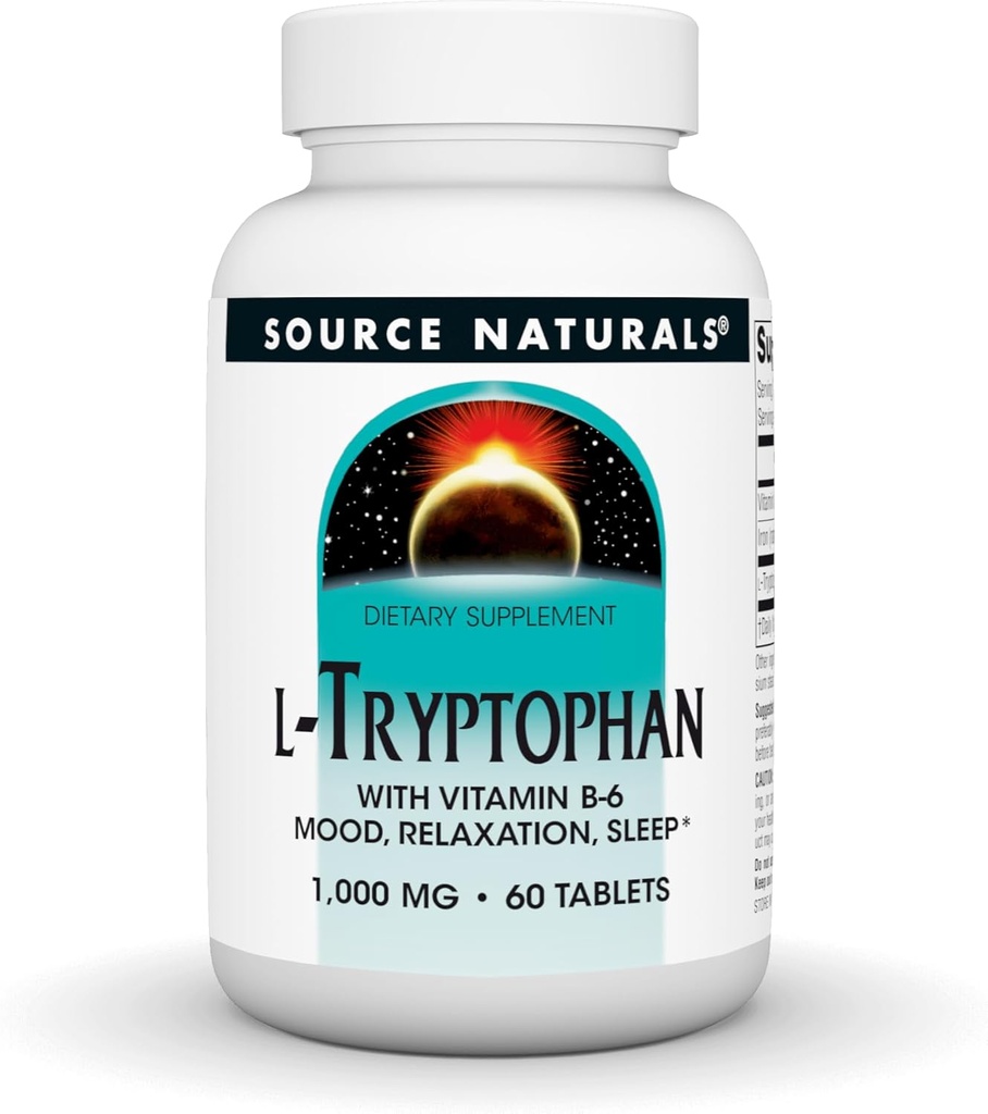 源の自然なビタミンB-6のL-Tryptophan -サポート気分、弛緩および眠り- 1000mg - 60のタブレット