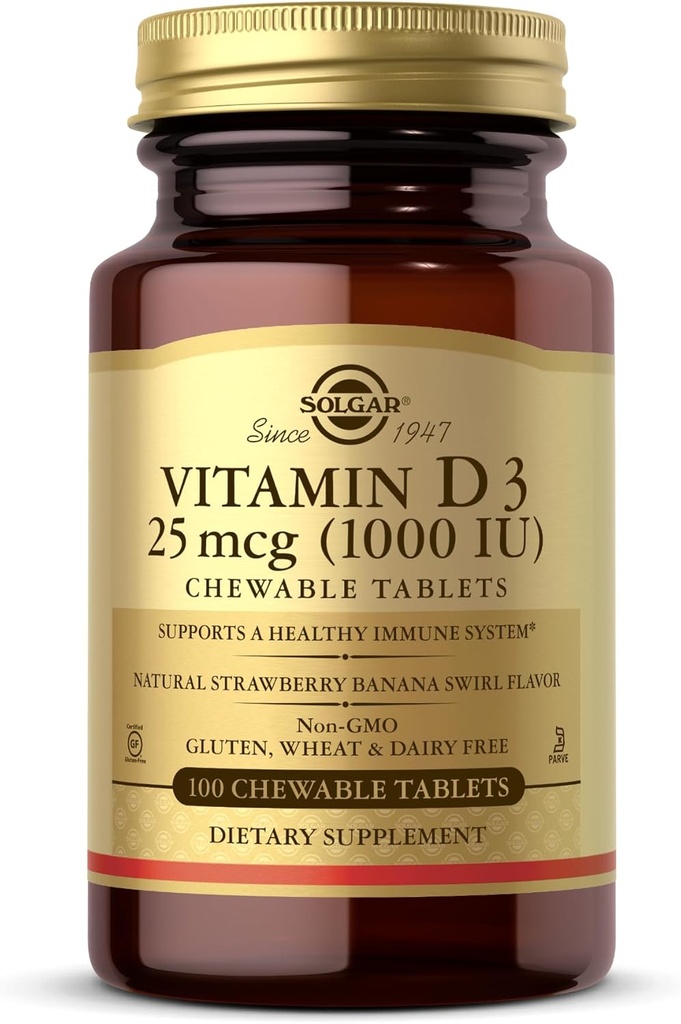 ソルガービタミンD3(Cholecalciferol)25mcg(1000 IU)、ナチュラルストロベリーバナナスワール - 100Chewableタブレット - 非GMO、コーシャ - 100サービング
